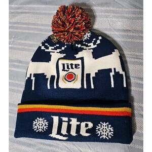 Miller Lite Winter Hat Adult One Size Blue Red Pom Knit Cap